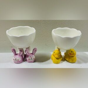 Ceramic Bunny & Chick Egg Cups - White, Pink, Yellow